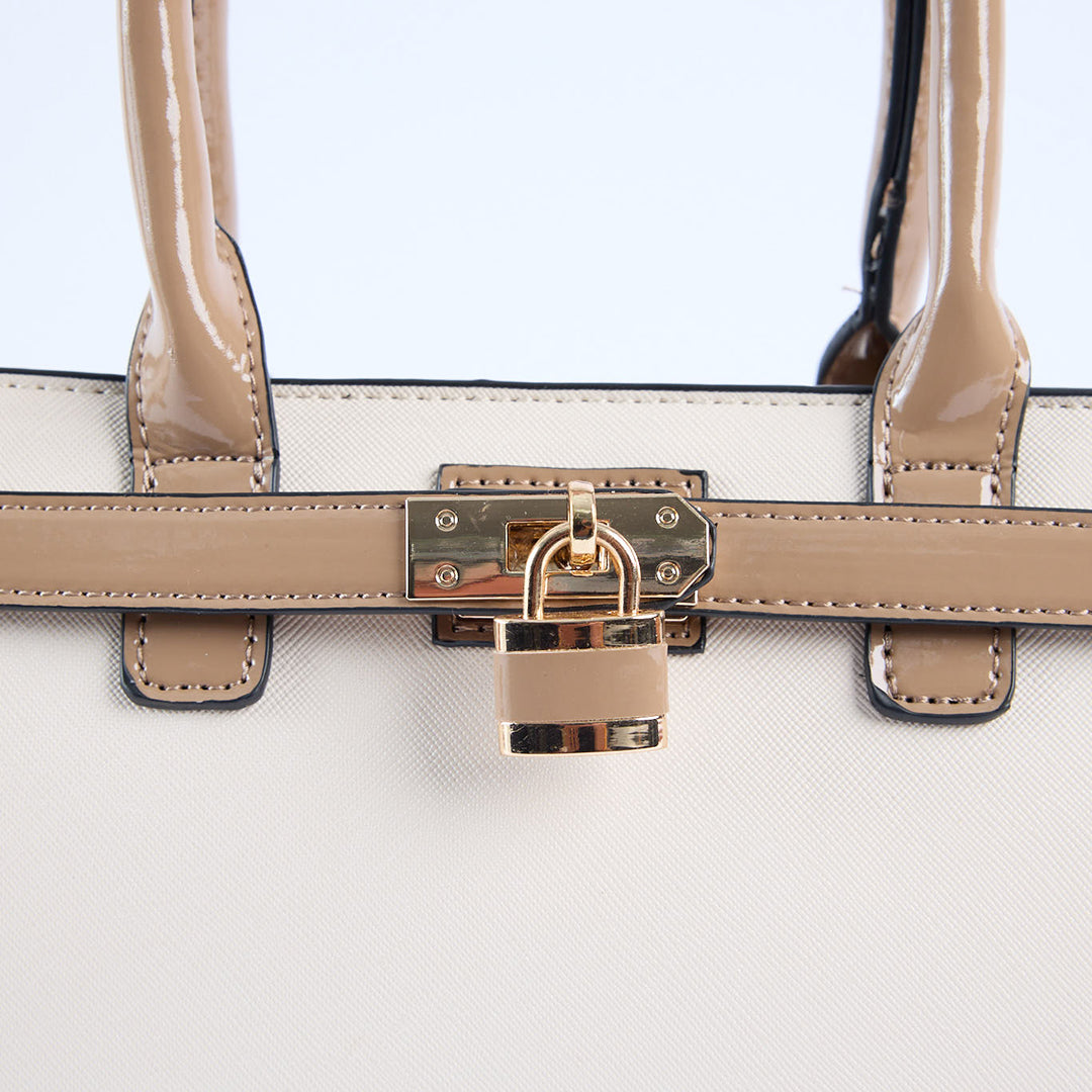 Crosshatch Handbag.Patent Belt Detail.