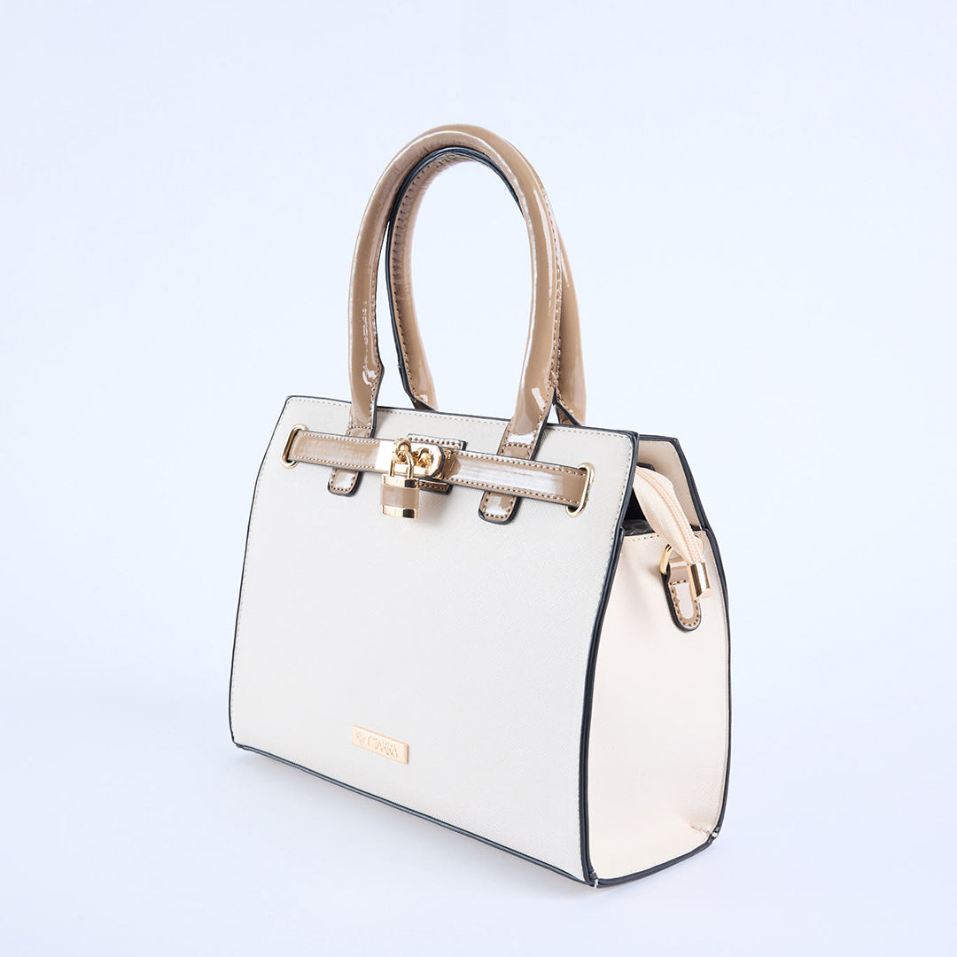 Crosshatch Handbag.Patent Belt Detail.