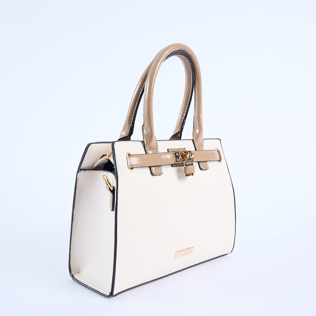 Crosshatch Handbag.Patent Belt Detail.