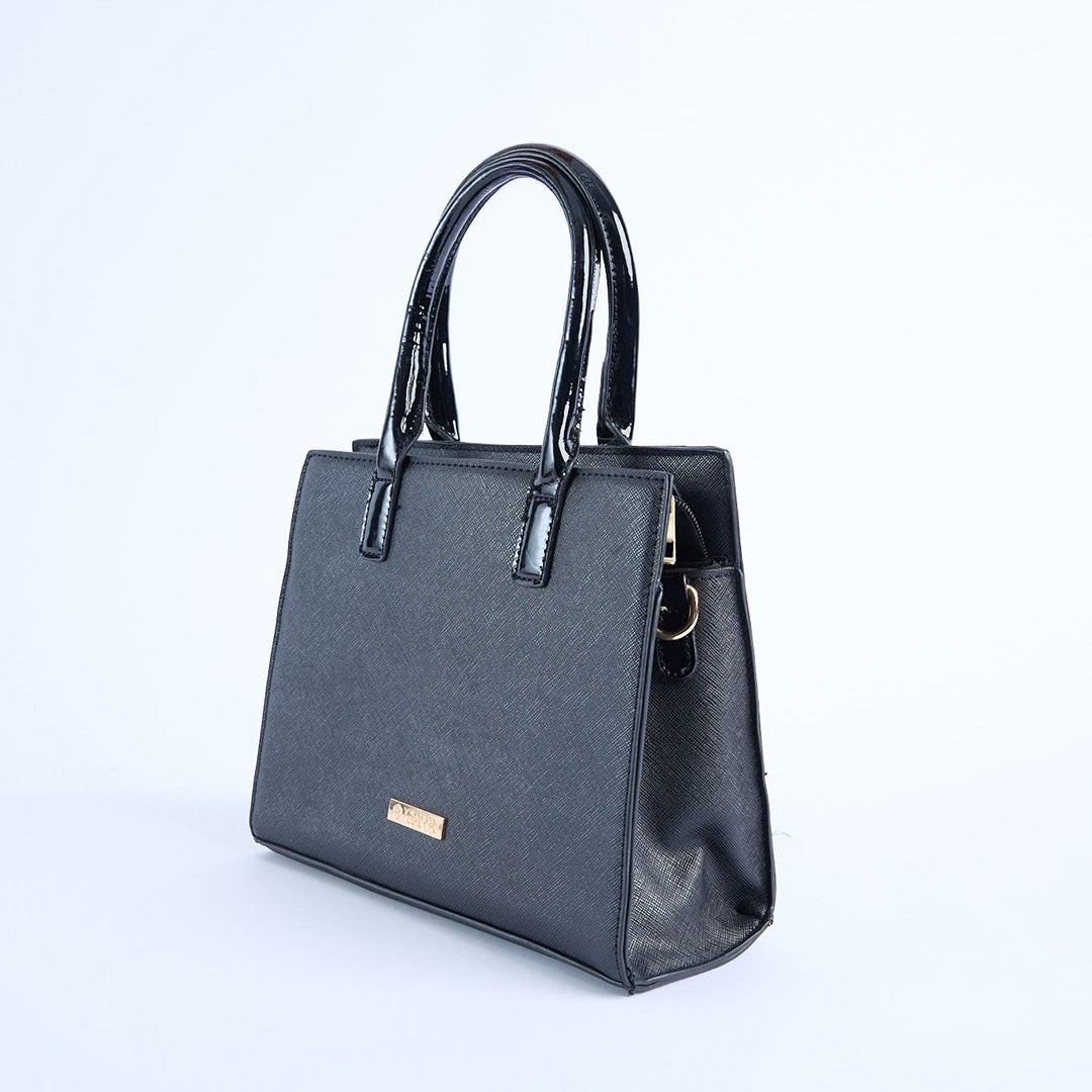Crosshatch Handbag.Patent Belt Detail.