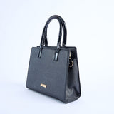 Crosshatch Handbag.Patent Belt Detail.