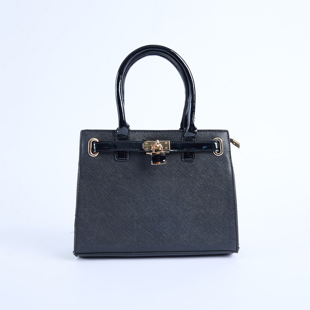 Crosshatch Handbag.Patent Belt Detail.