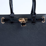 Crosshatch Handbag.Patent Belt Detail.