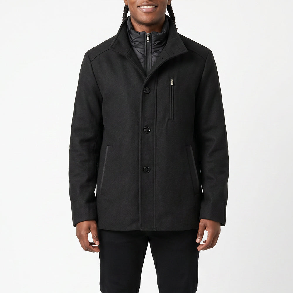 BLACK BUTTON UP COAT WITH ZIP DETAIL