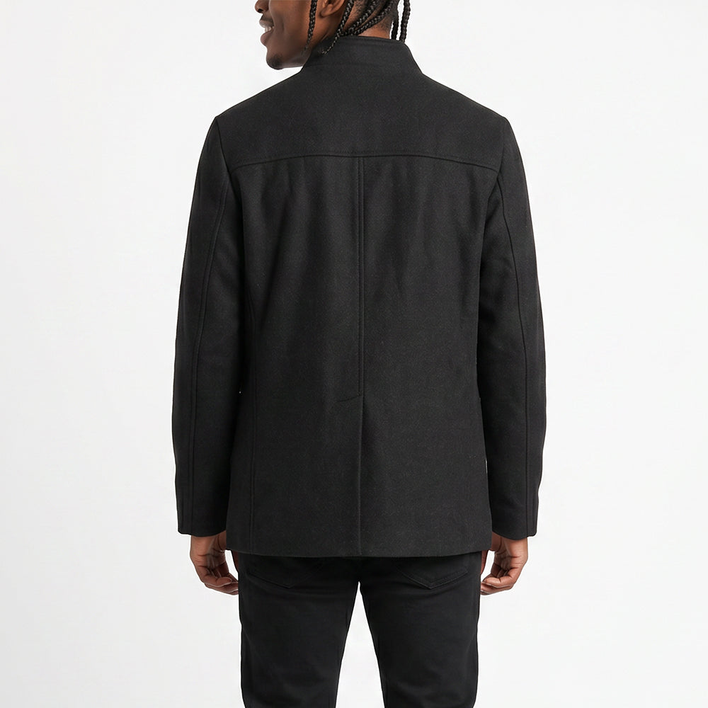 BLACK BUTTON UP COAT WITH ZIP DETAIL