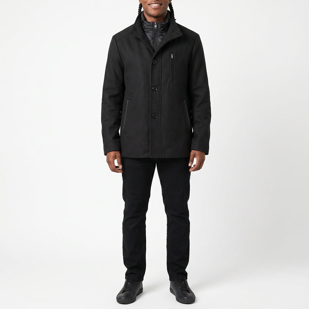 BLACK BUTTON UP COAT WITH ZIP DETAIL