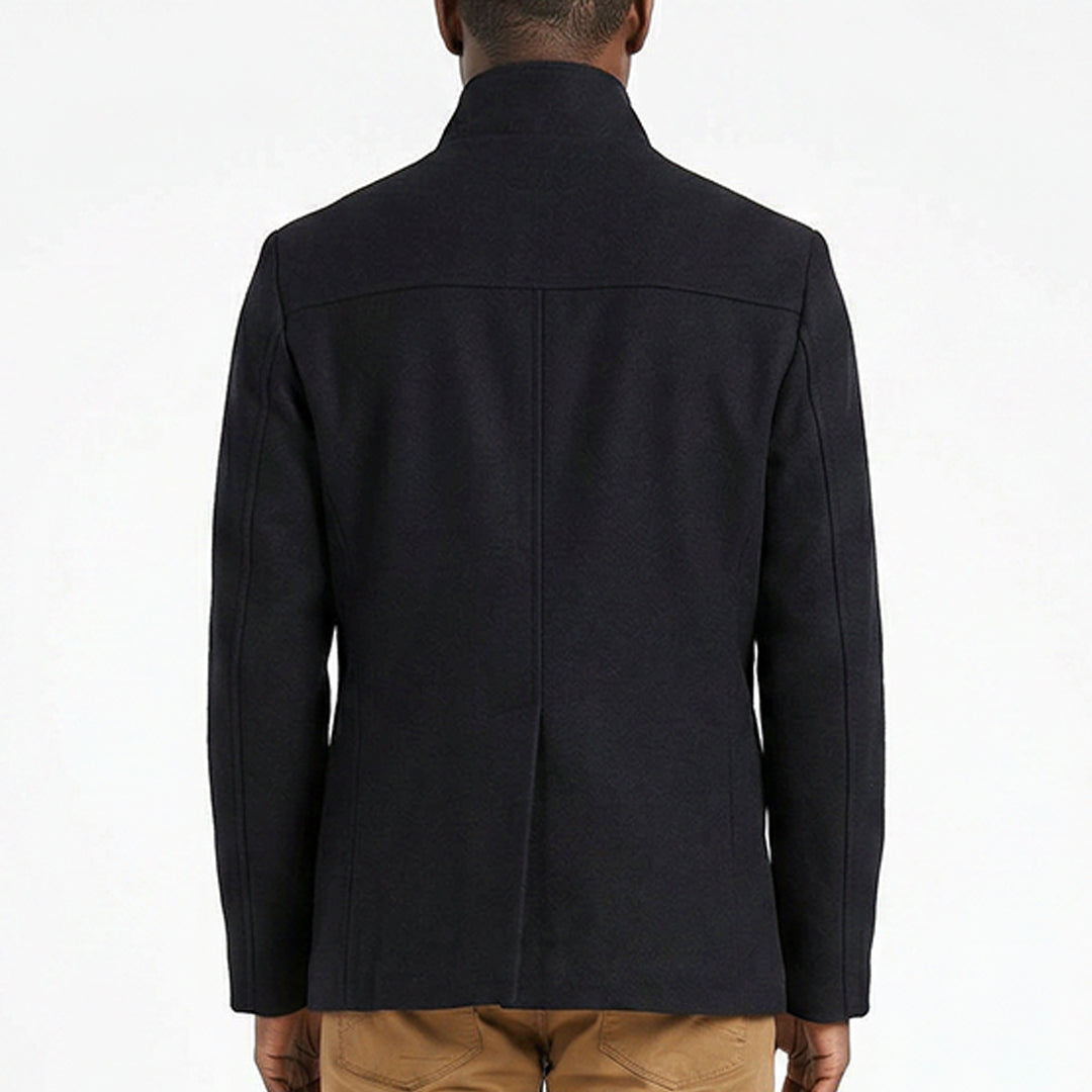 NAVY BUTTON UP COAT WITH ZIP DETAIL