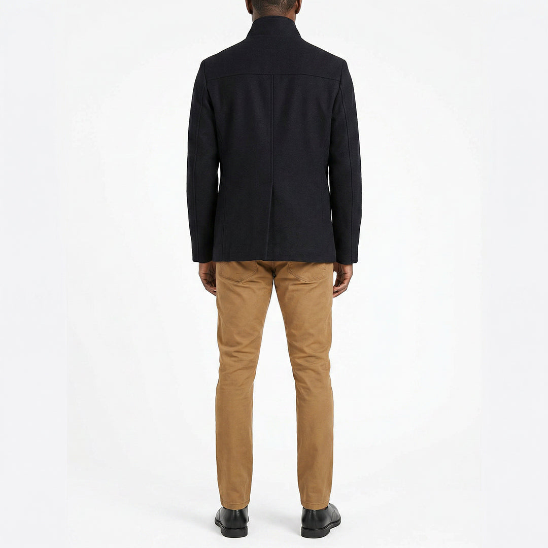 NAVY BUTTON UP COAT WITH ZIP DETAIL