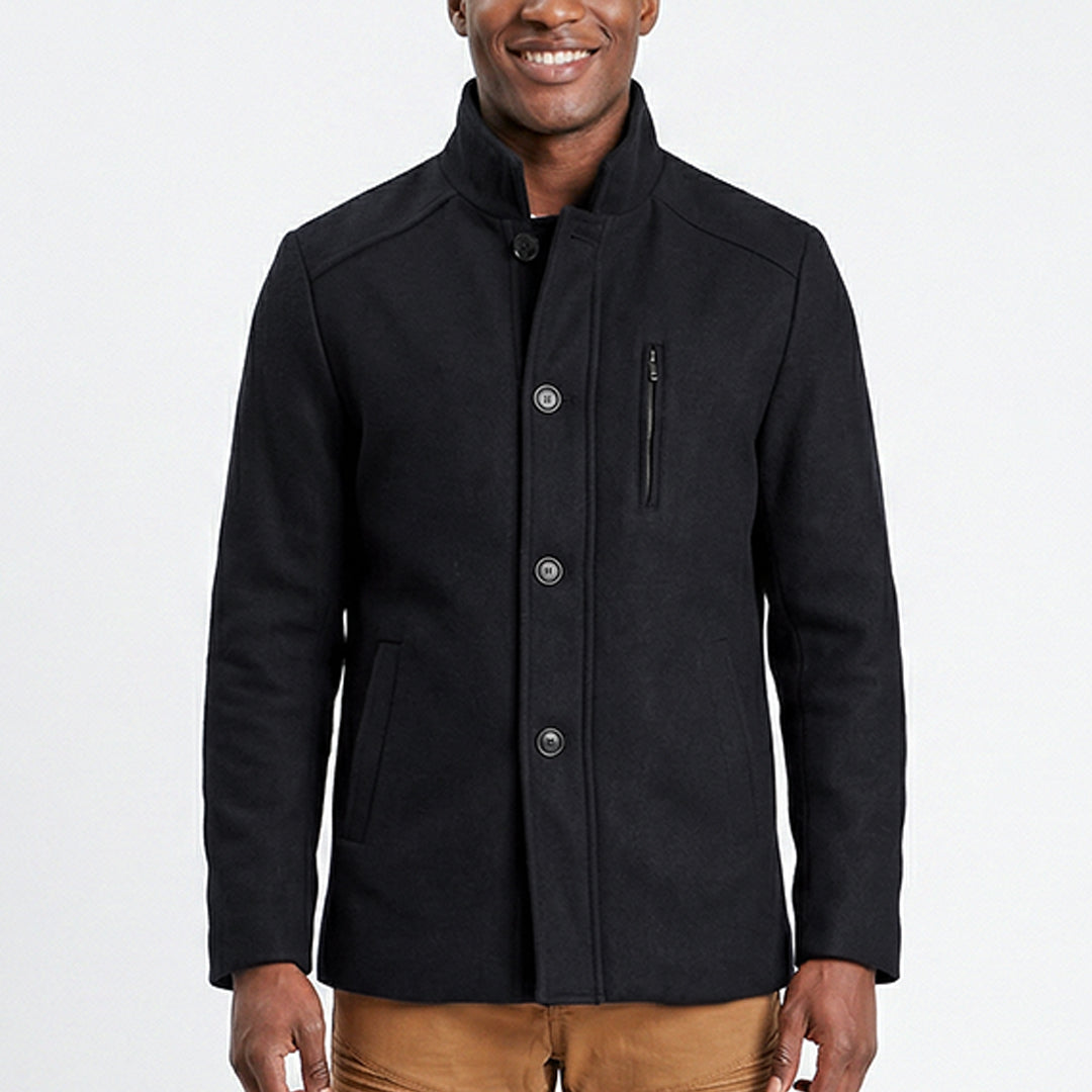 NAVY BUTTON UP COAT WITH ZIP DETAIL