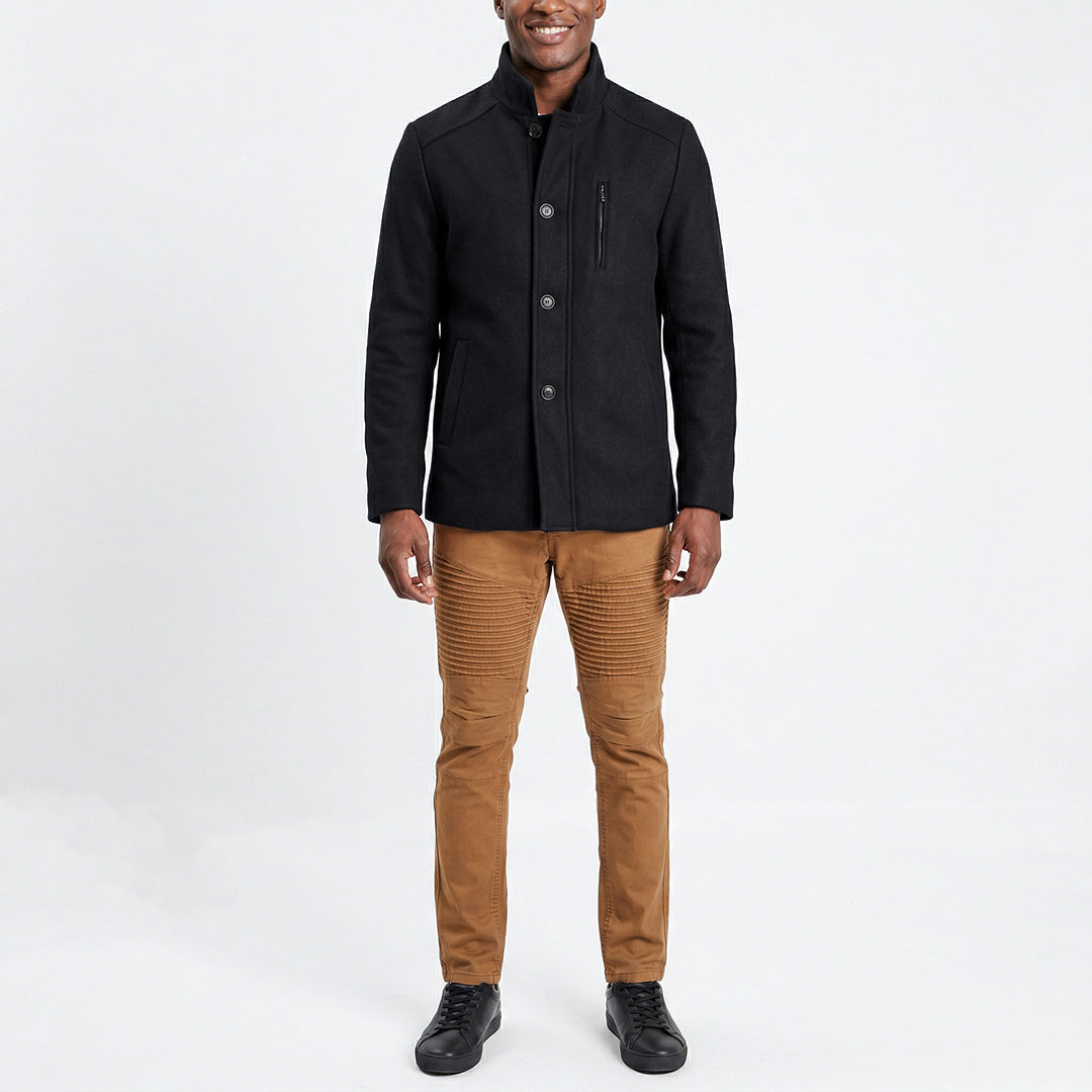 NAVY BUTTON UP COAT WITH ZIP DETAIL