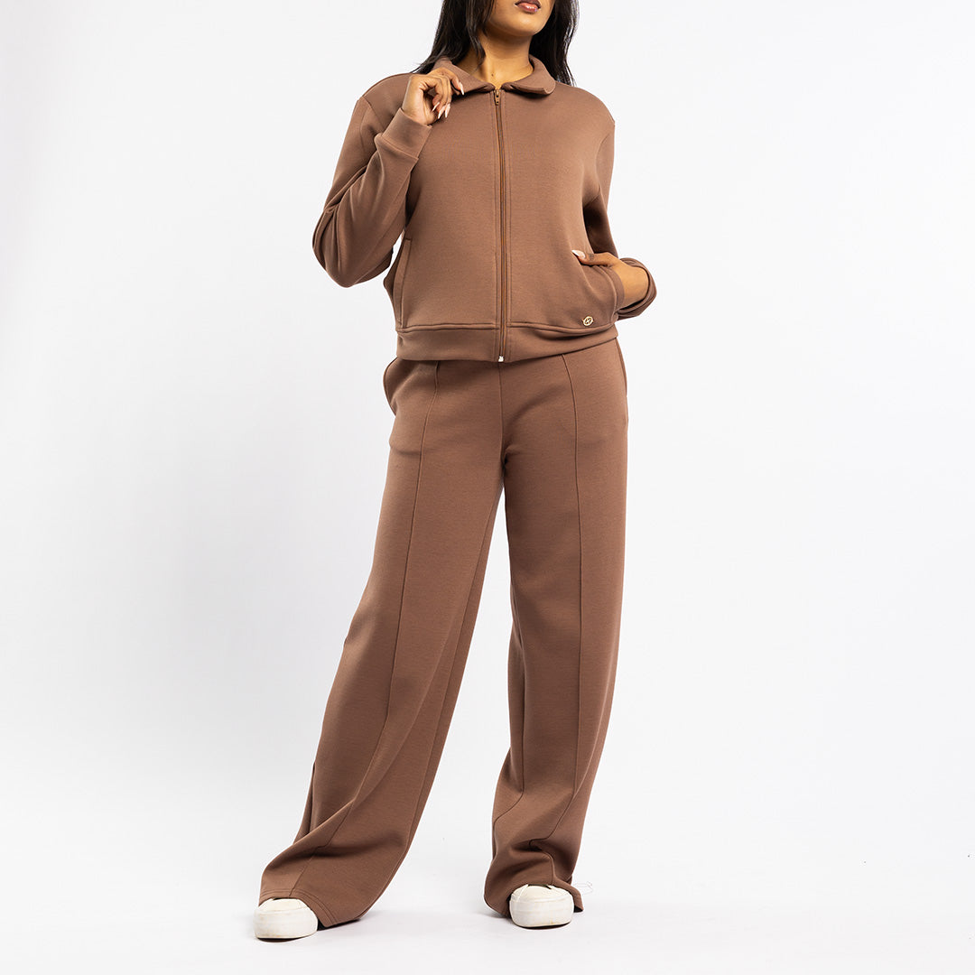 LDS DK TAUPE TR SCUBA BRUSHED KNIT SWEATER