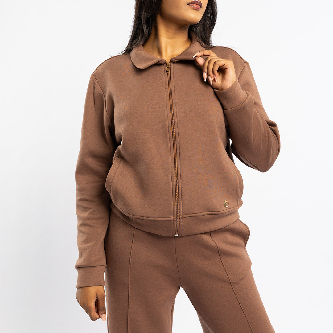 LDS DK TAUPE TR SCUBA BRUSHED KNIT SWEATER