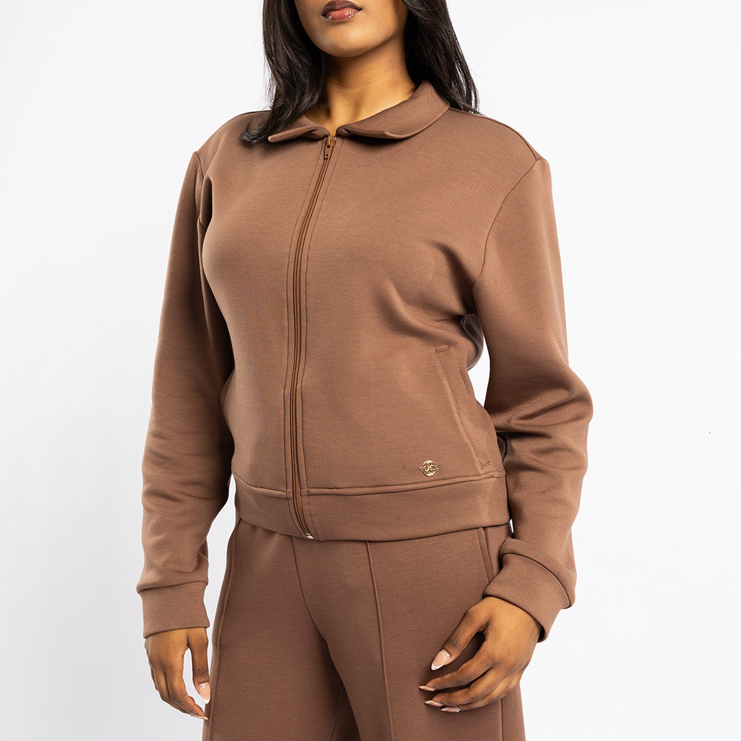 LDS DK TAUPE TR SCUBA BRUSHED KNIT SWEATER