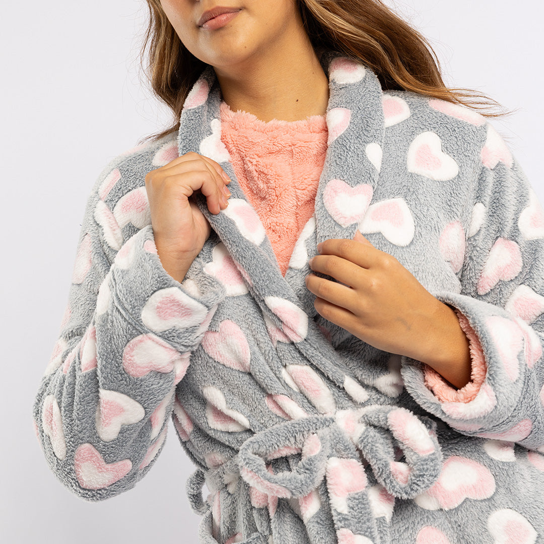 LADIES LQD GREY/PINK HEART CORAL FLEECE GOWN
