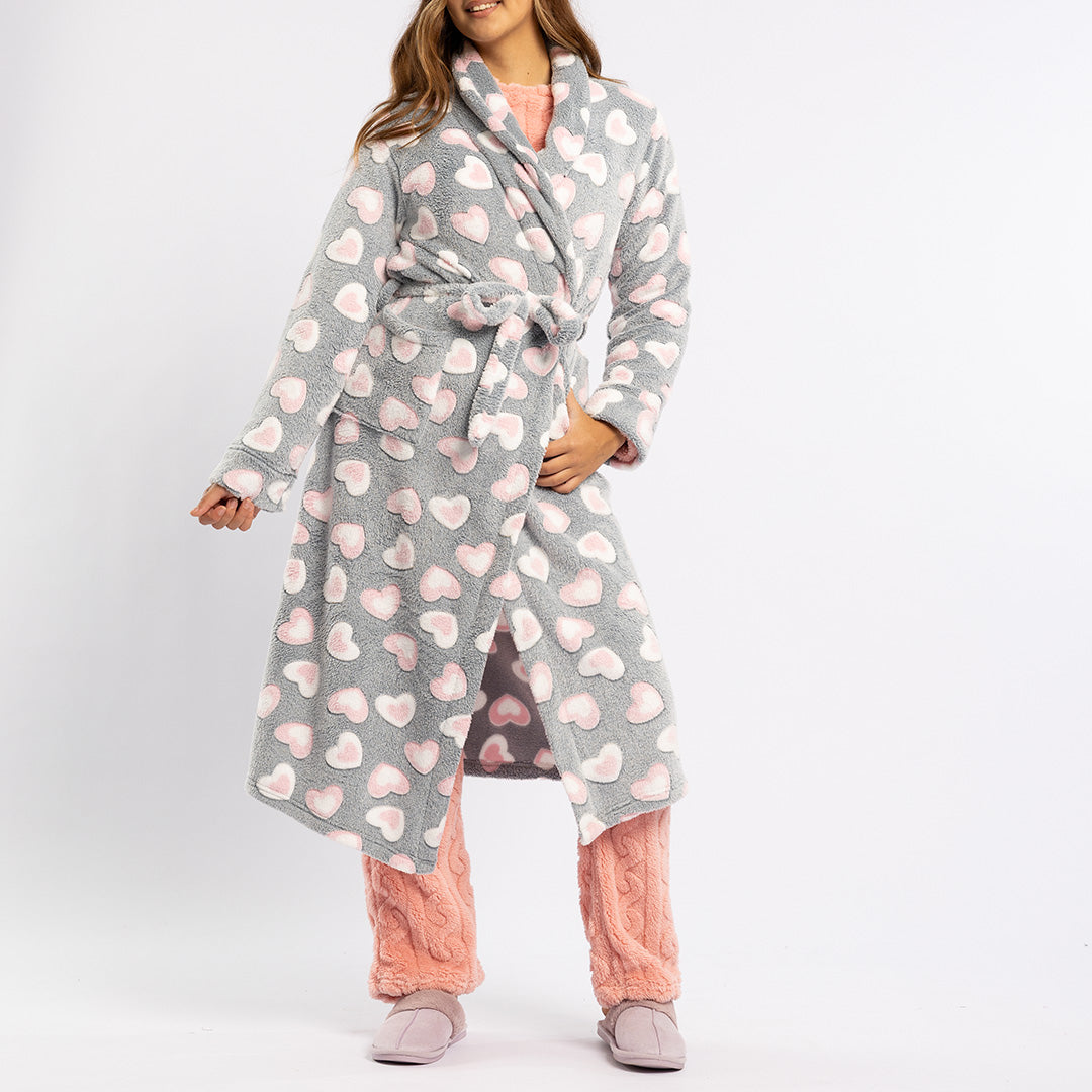 LADIES LQD GREY/PINK HEART CORAL FLEECE GOWN