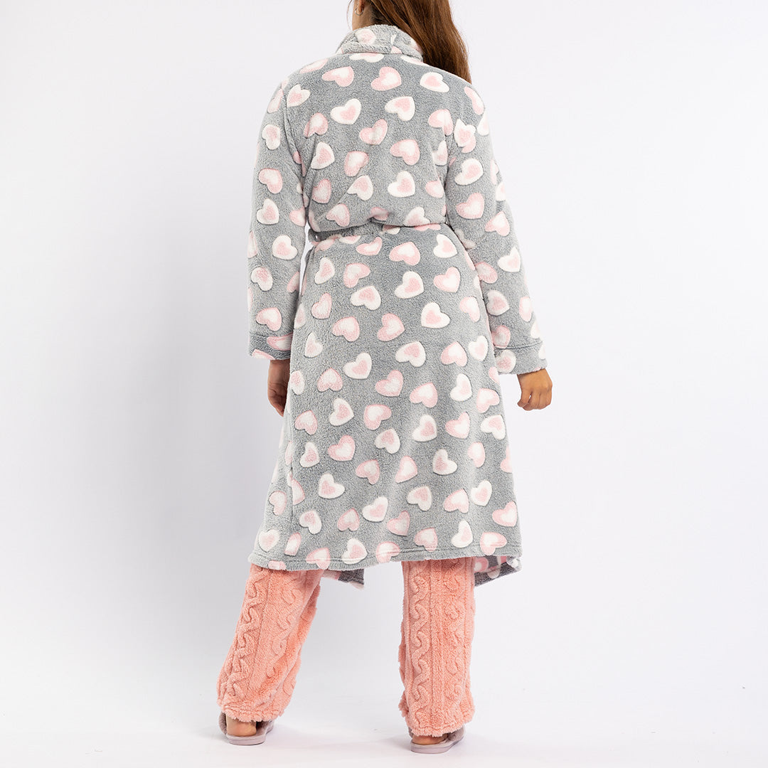 LADIES LQD GREY/PINK HEART CORAL FLEECE GOWN