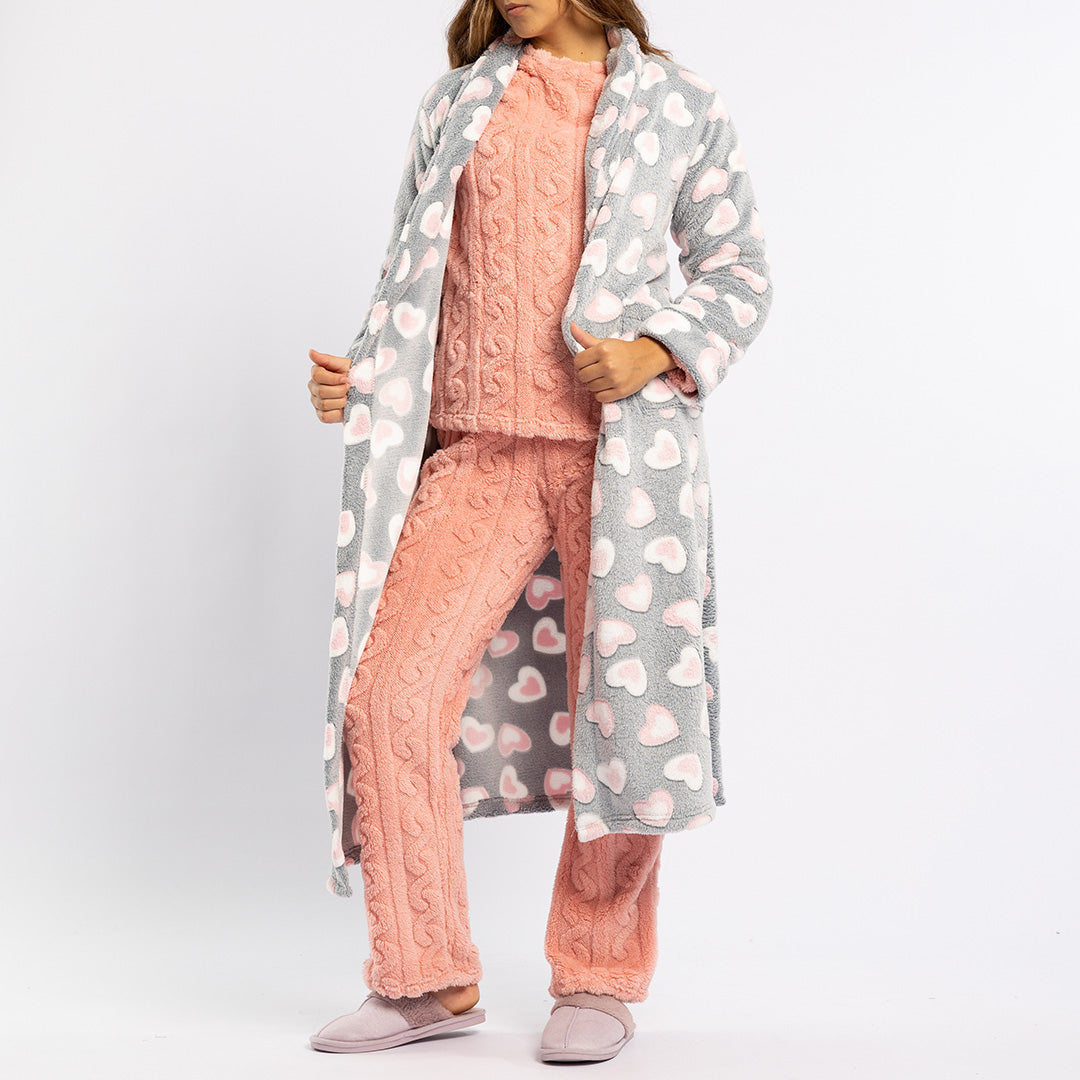 LADIES LQD GREY/PINK HEART CORAL FLEECE GOWN