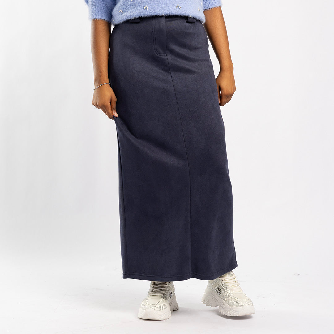 NAVY SUEDE SKIRT WITH SLIT ON THE BACK