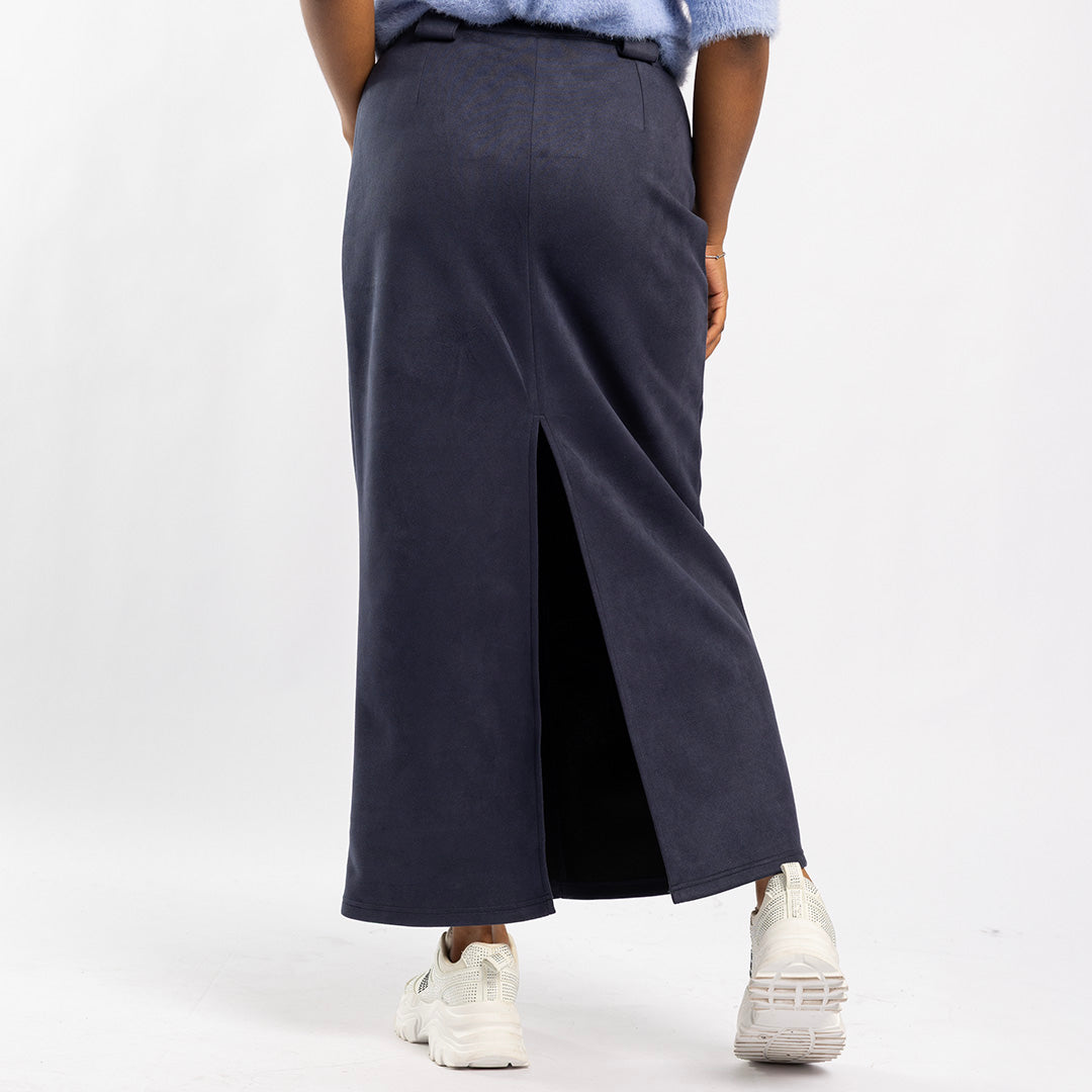 NAVY SUEDE SKIRT WITH SLIT ON THE BACK