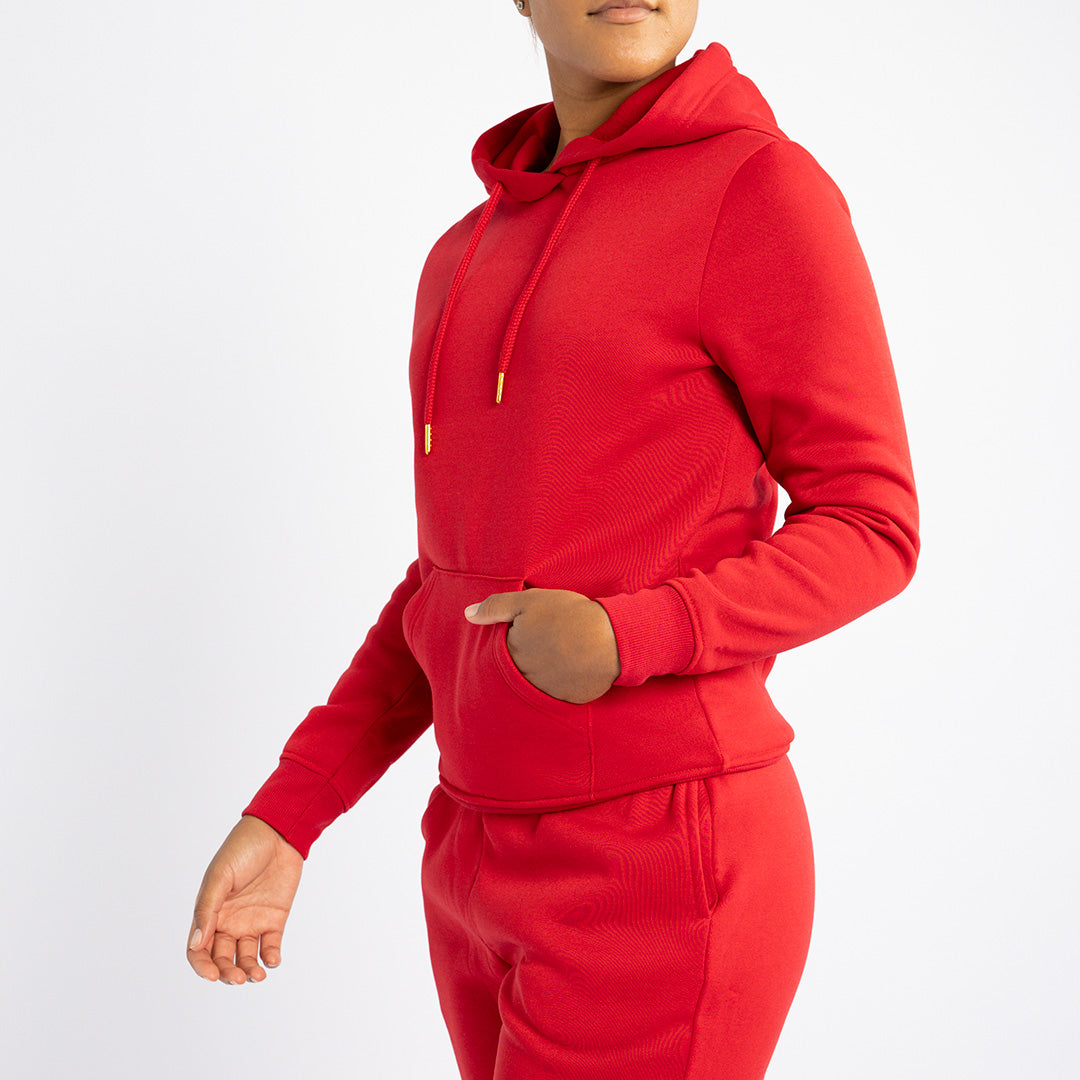 LADIES ALORA RED LONG SLEEVE HOODY WITH KANGAROO POCKET