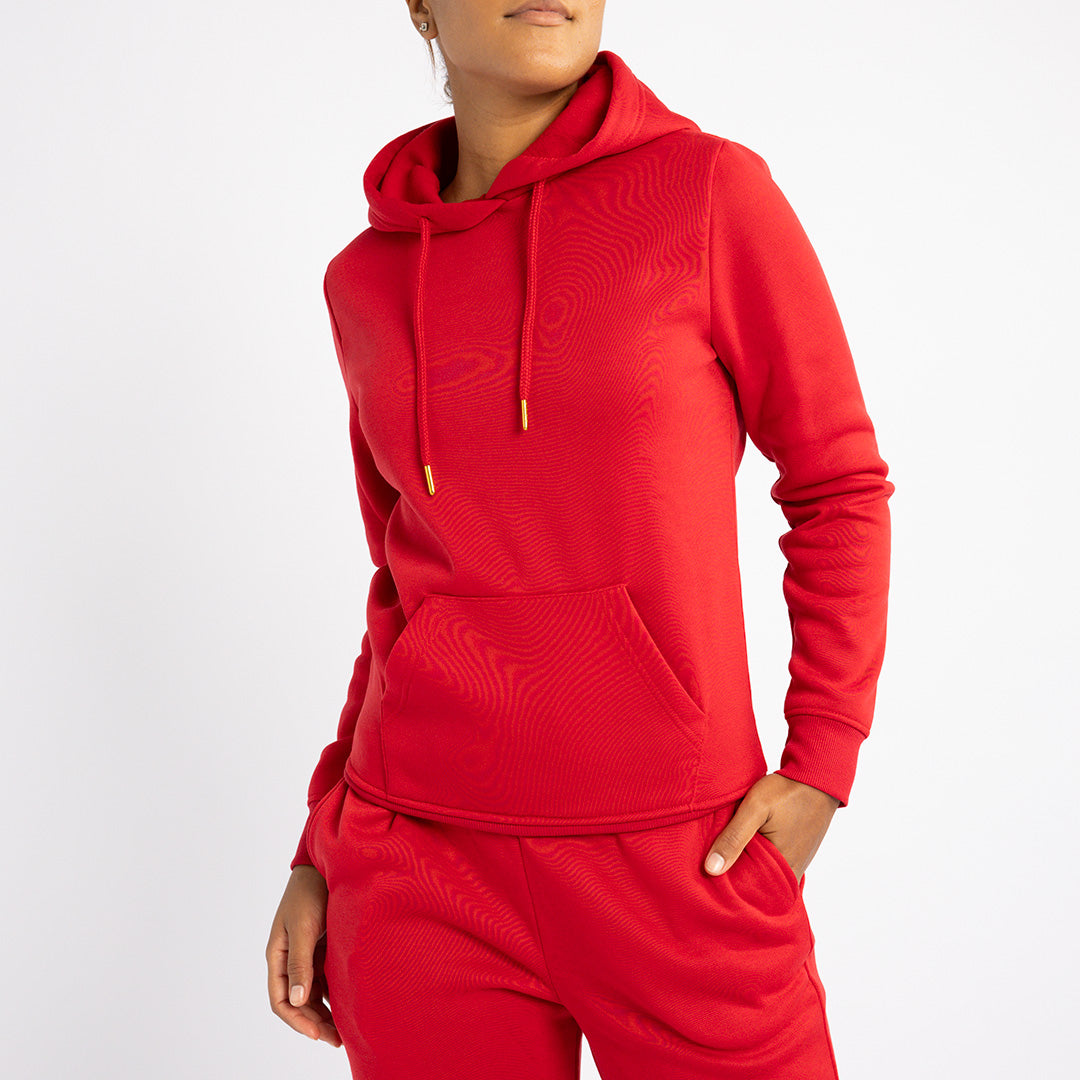 LADIES ALORA RED LONG SLEEVE HOODY WITH KANGAROO POCKET
