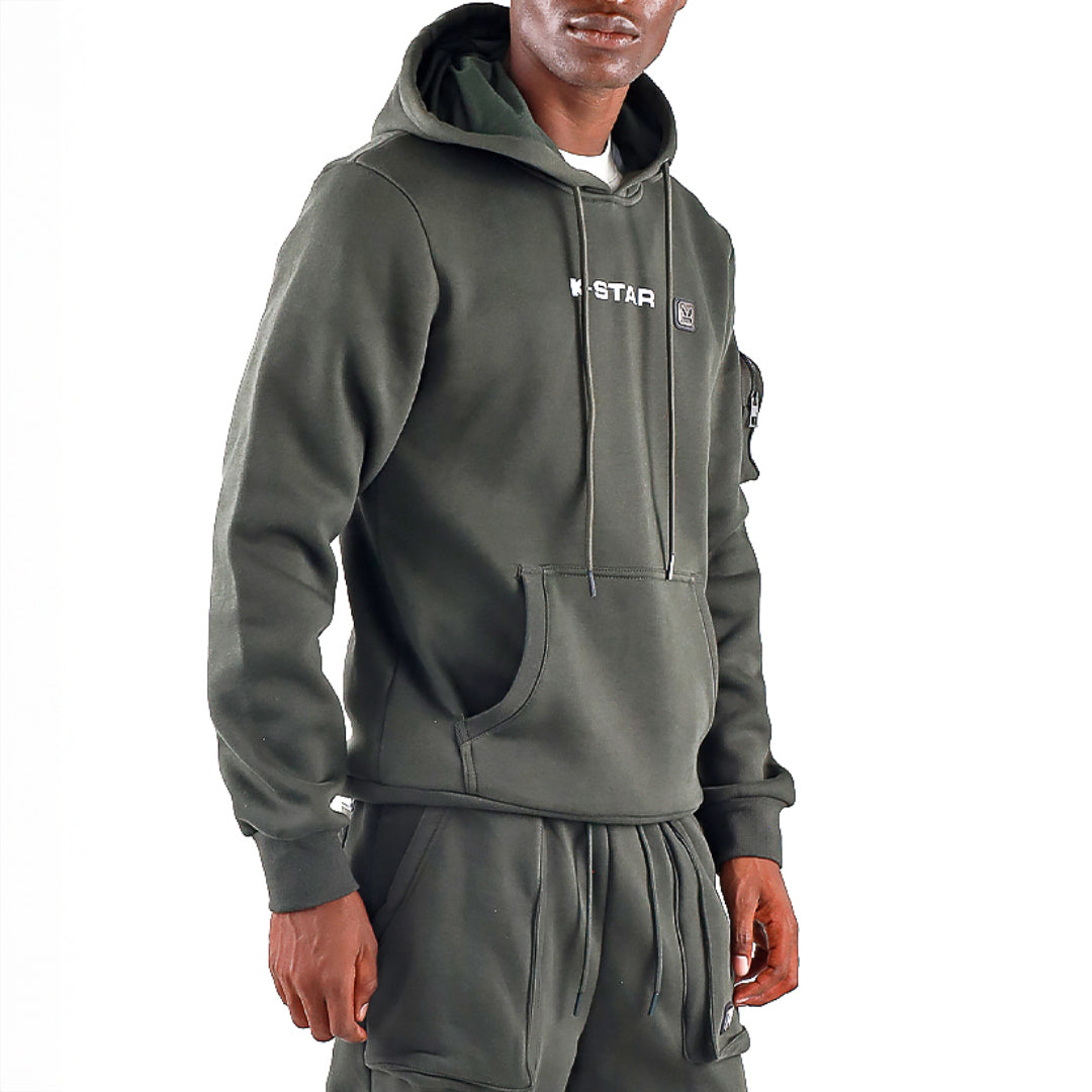 BACKBONE OLIVE HOODED PRINTED SWEATER WITH POCKET DETAIL