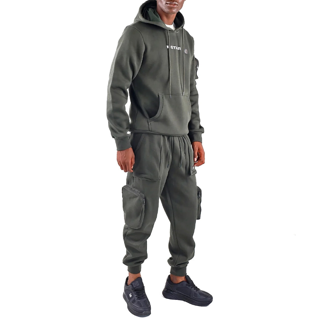BACKBONE OLIVE HOODED PRINTED SWEATER WITH POCKET DETAIL