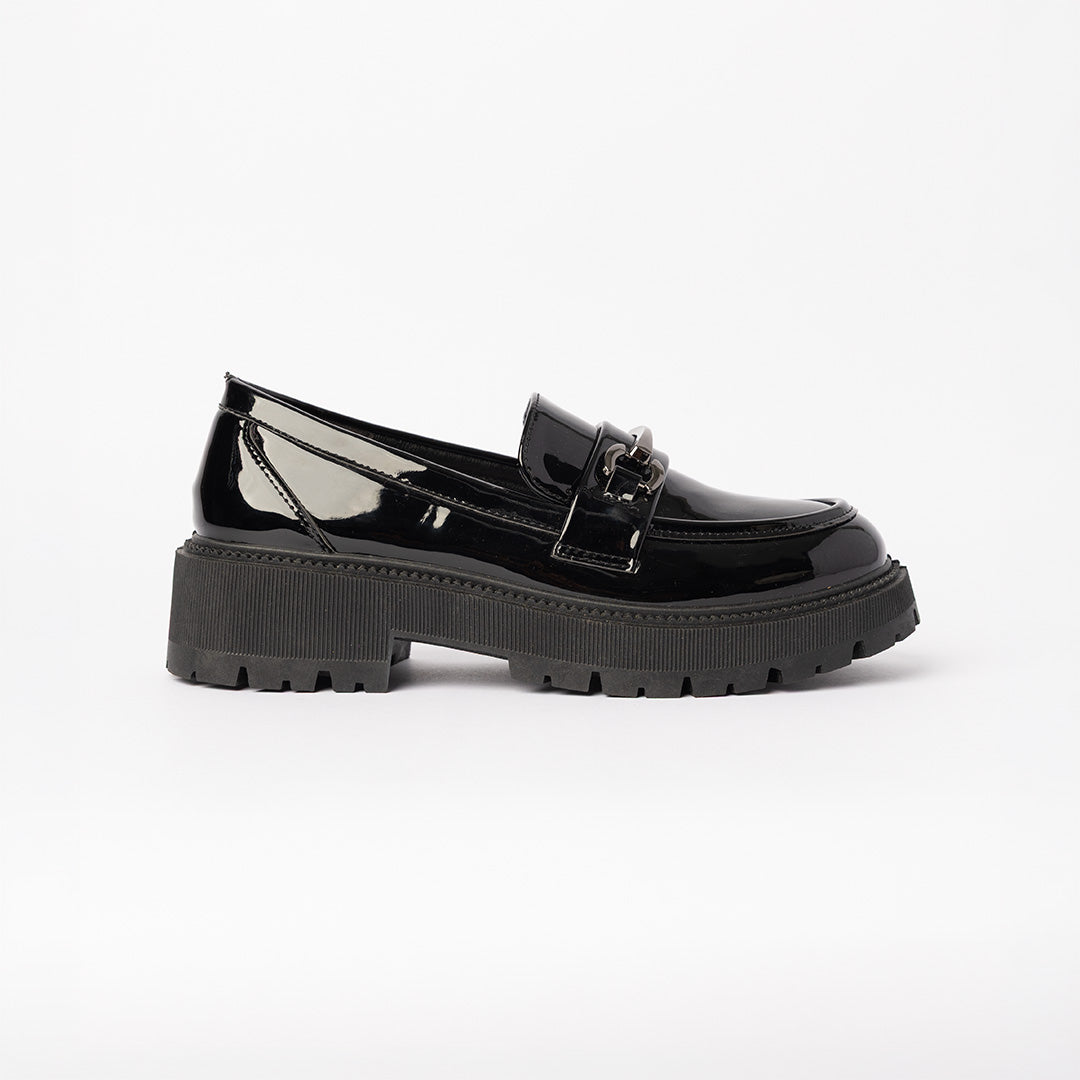 Patent Chunky Loafer.Gun Metal Trim.