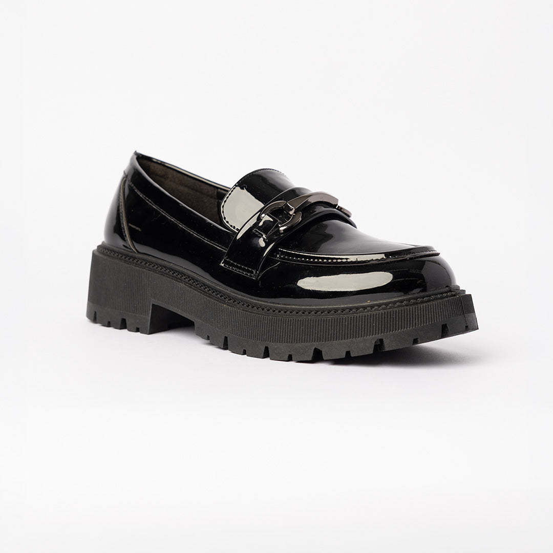 Patent Chunky Loafer.Gun Metal Trim.