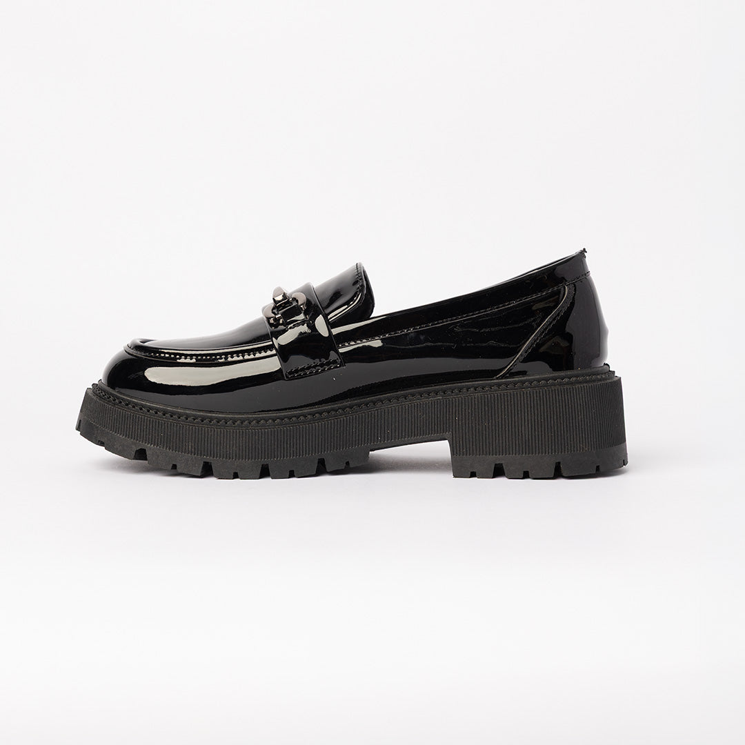 Patent Chunky Loafer.Gun Metal Trim.