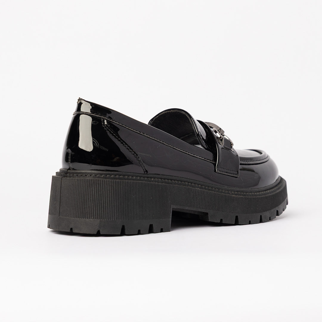 Patent Chunky Loafer.Gun Metal Trim.