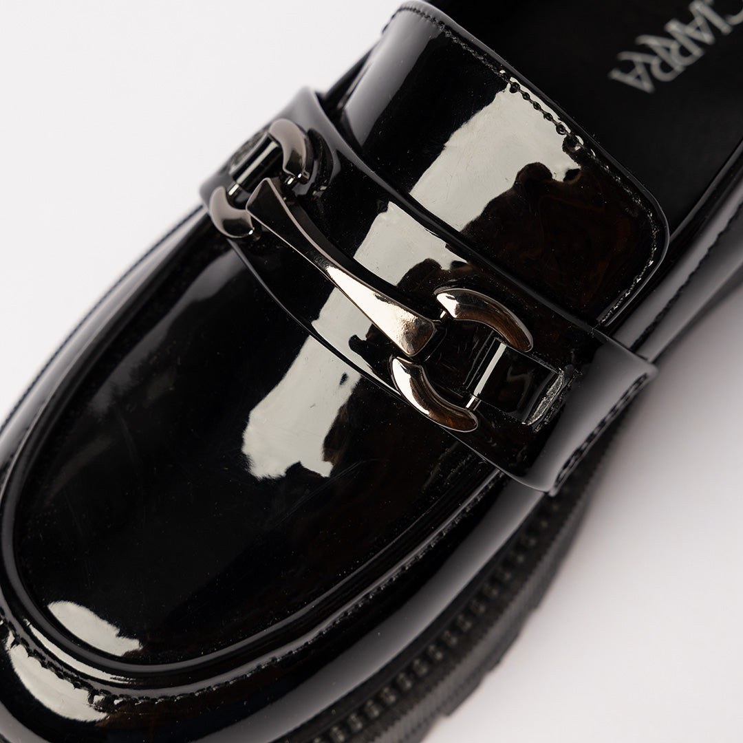 Patent Chunky Loafer.Gun Metal Trim.