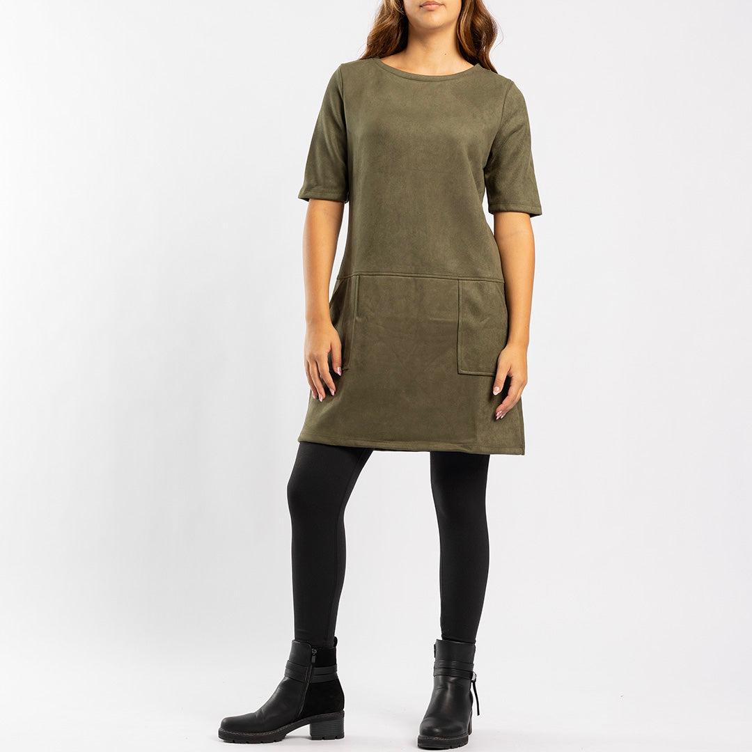 OLIVE SUEDE SHORT SLEEVE DRESS
