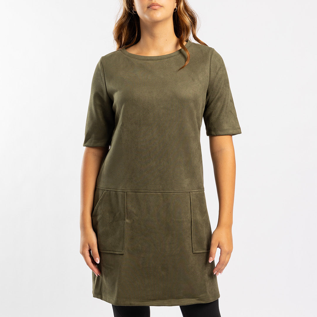 OLIVE SUEDE SHORT SLEEVE DRESS