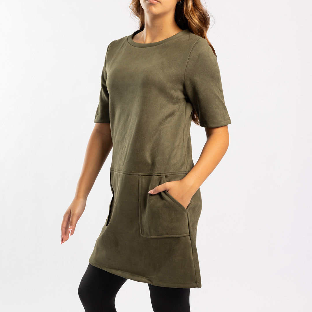 OLIVE SUEDE SHORT SLEEVE DRESS