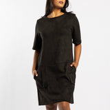 BLACK SUEDE SHORT SLEEVE DRESS
