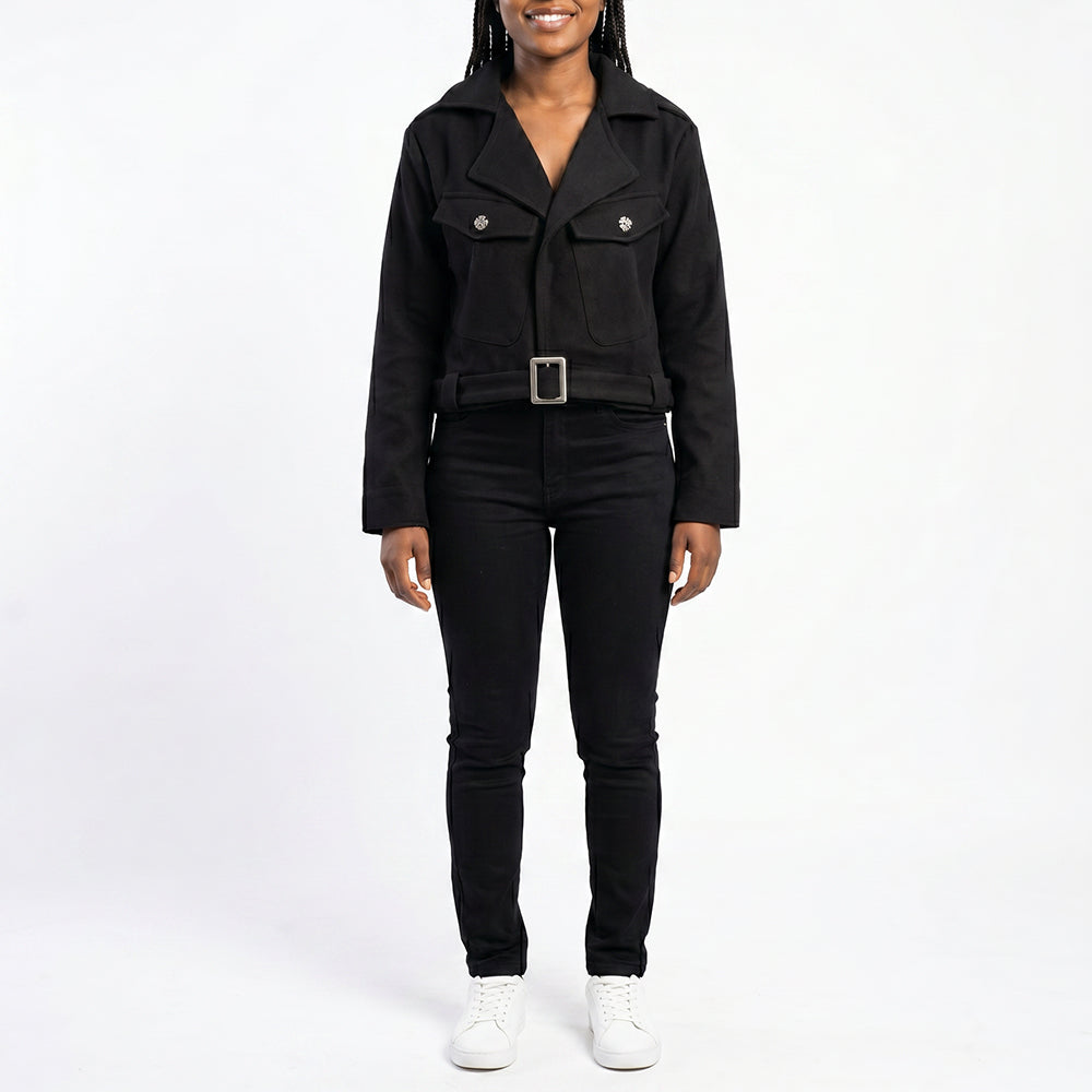 BLACK MELTON LONG SLEEVE BIKER JACKET