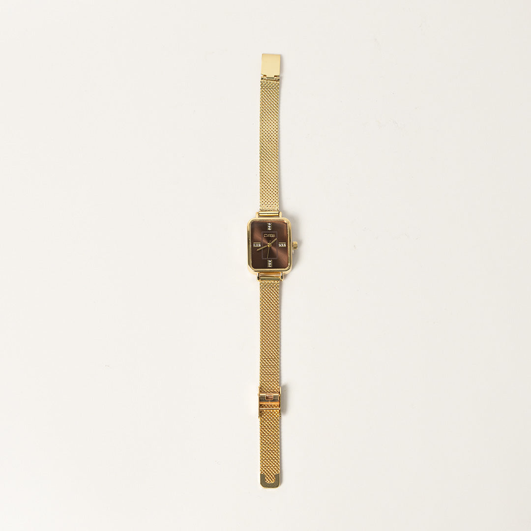 Ciarra Bronze Rectangular Frame Watch.Bronze Dial.Diamante Indices.