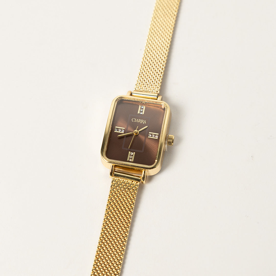 Ciarra Bronze Rectangular Frame Watch.Bronze Dial.Diamante Indices.