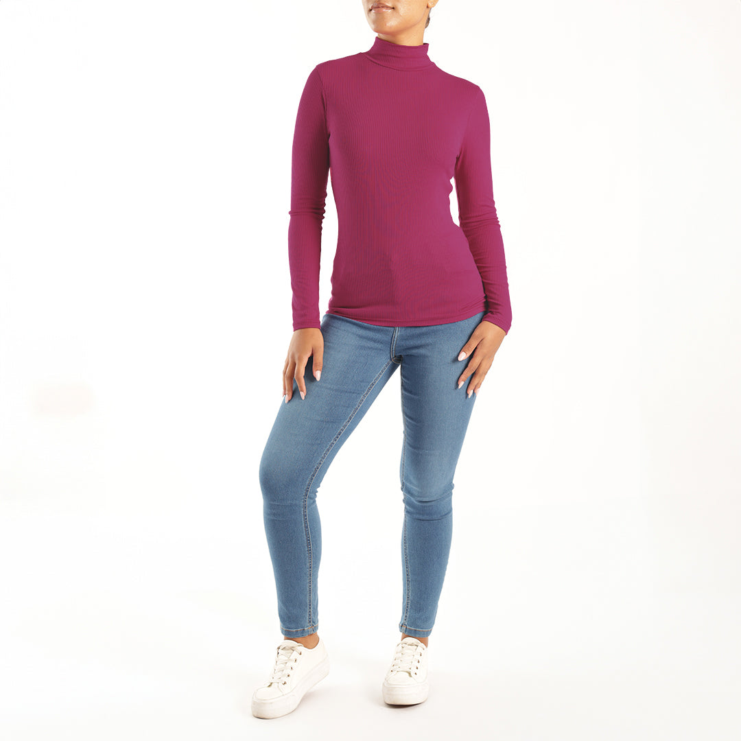 CERISE RIBB L/S TURTLE NECK TOP