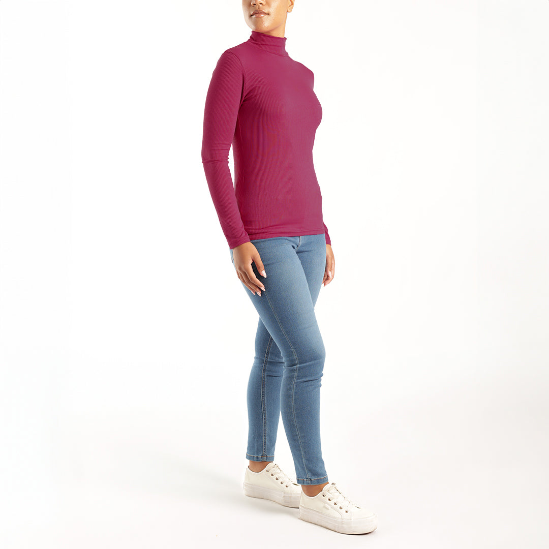 CERISE RIBB L/S TURTLE NECK TOP