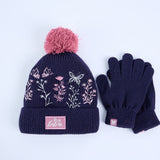 Floral Embroidery Beanie And Glove Set.