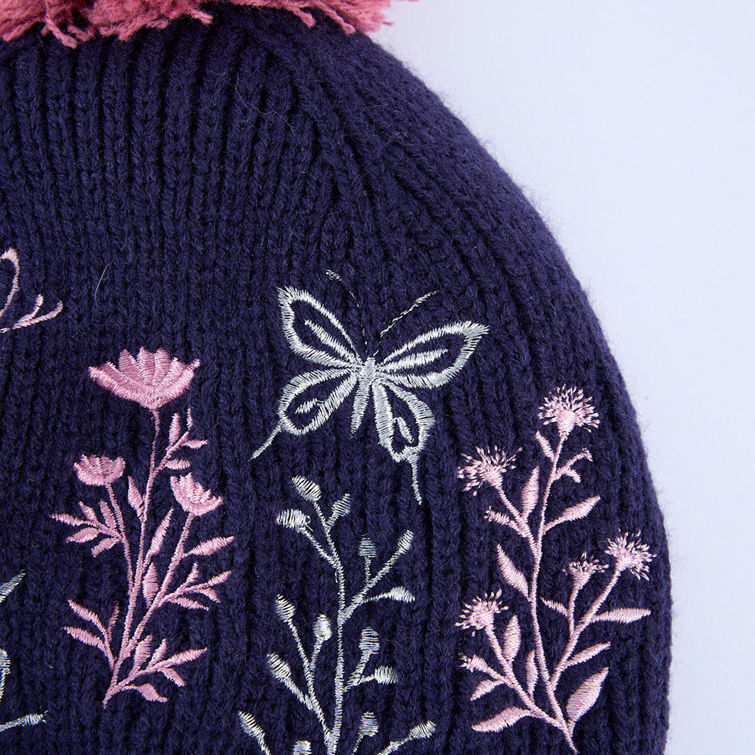Floral Embroidery Beanie And Glove Set.