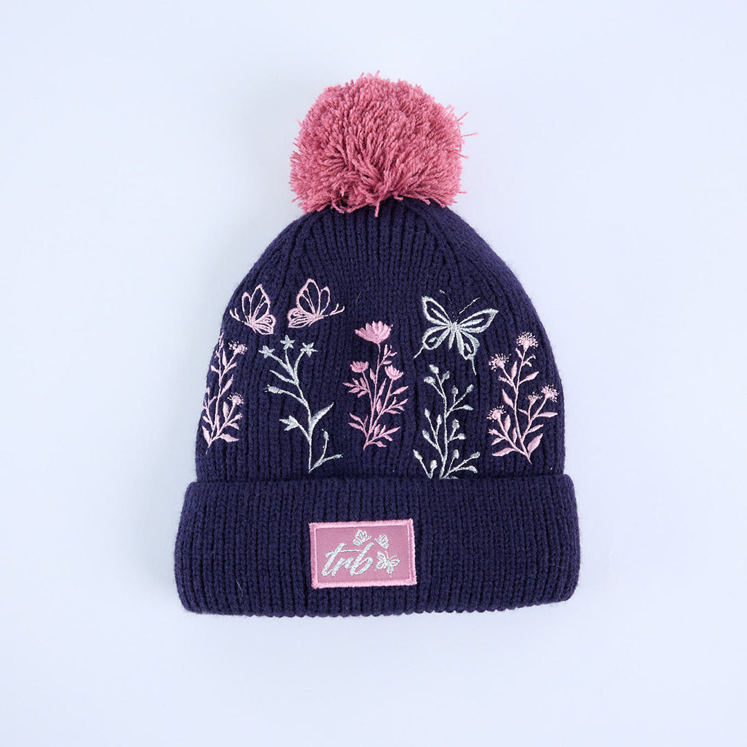 Floral Embroidery Beanie And Glove Set.