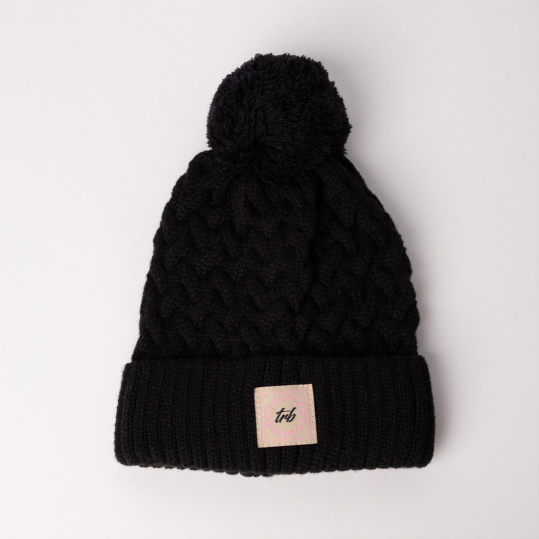 Cable Knite Turn Up Beanie.Pom Pom.