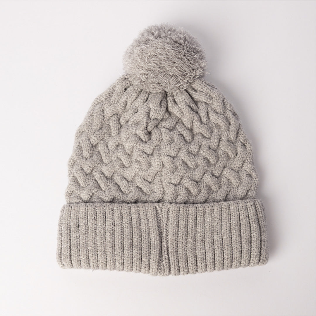 Cable Knite Turn Up Beanie.Pom Pom.