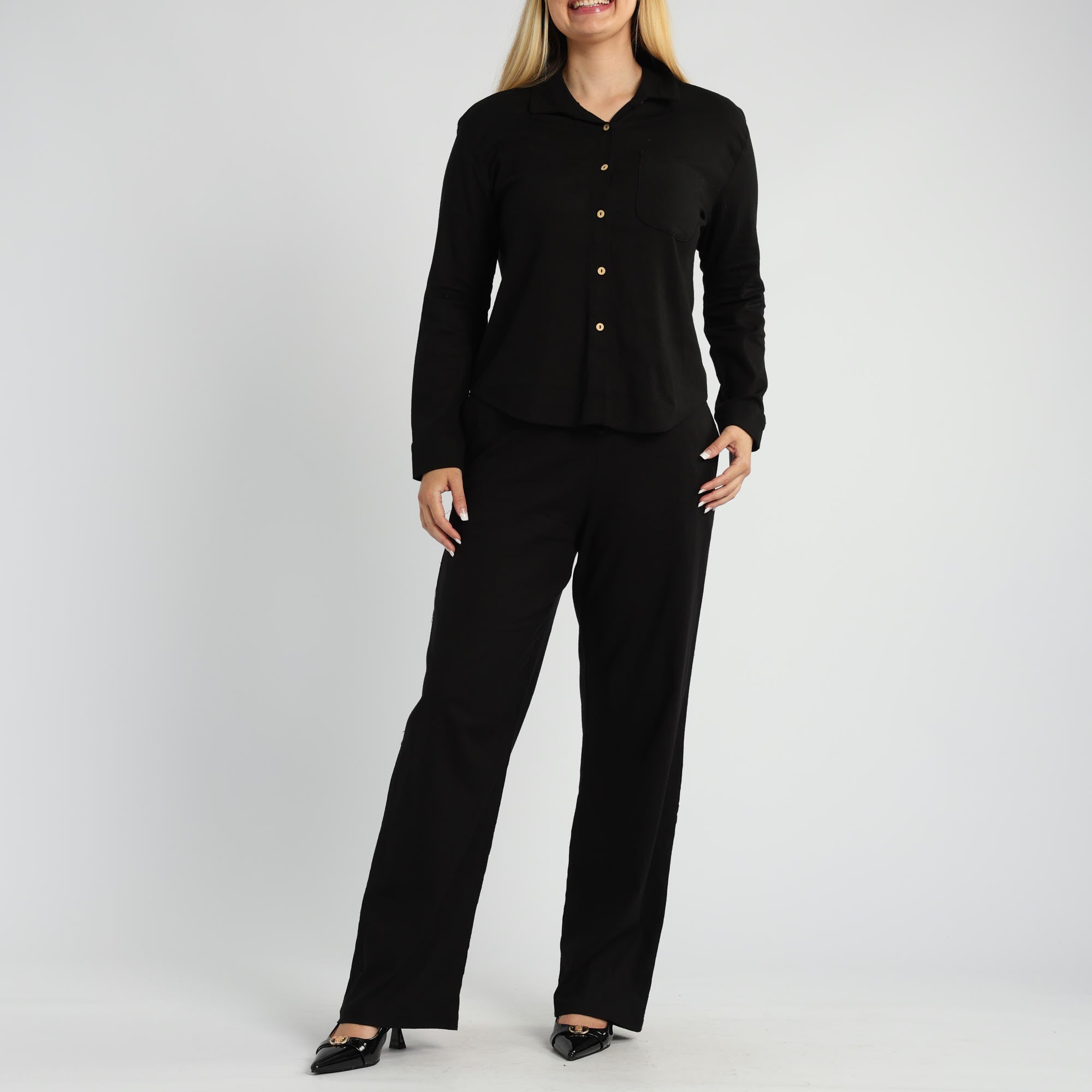BLACK L/S SHIRT WITH BUTTON DETAIL