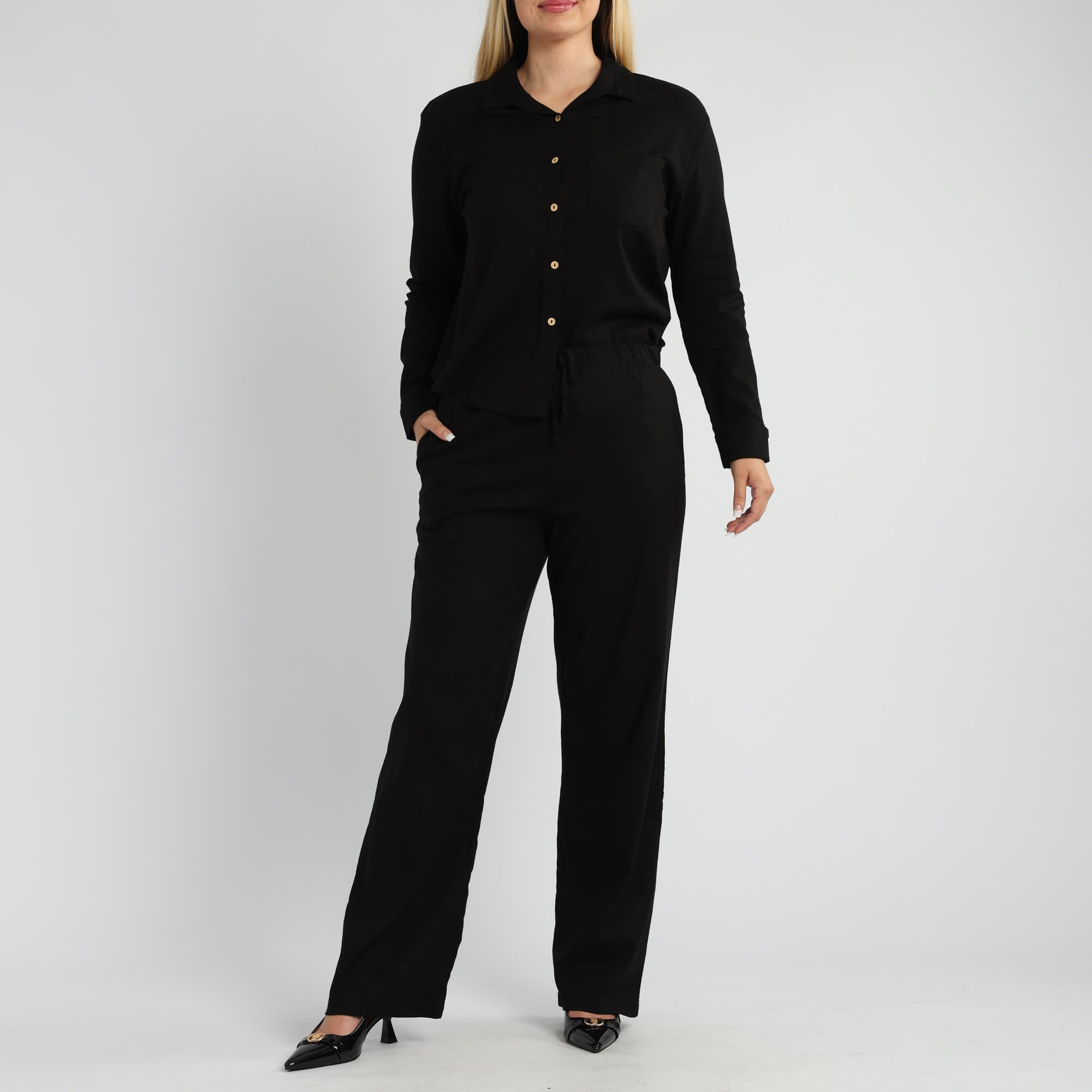 BLACK L/S SHIRT WITH BUTTON DETAIL