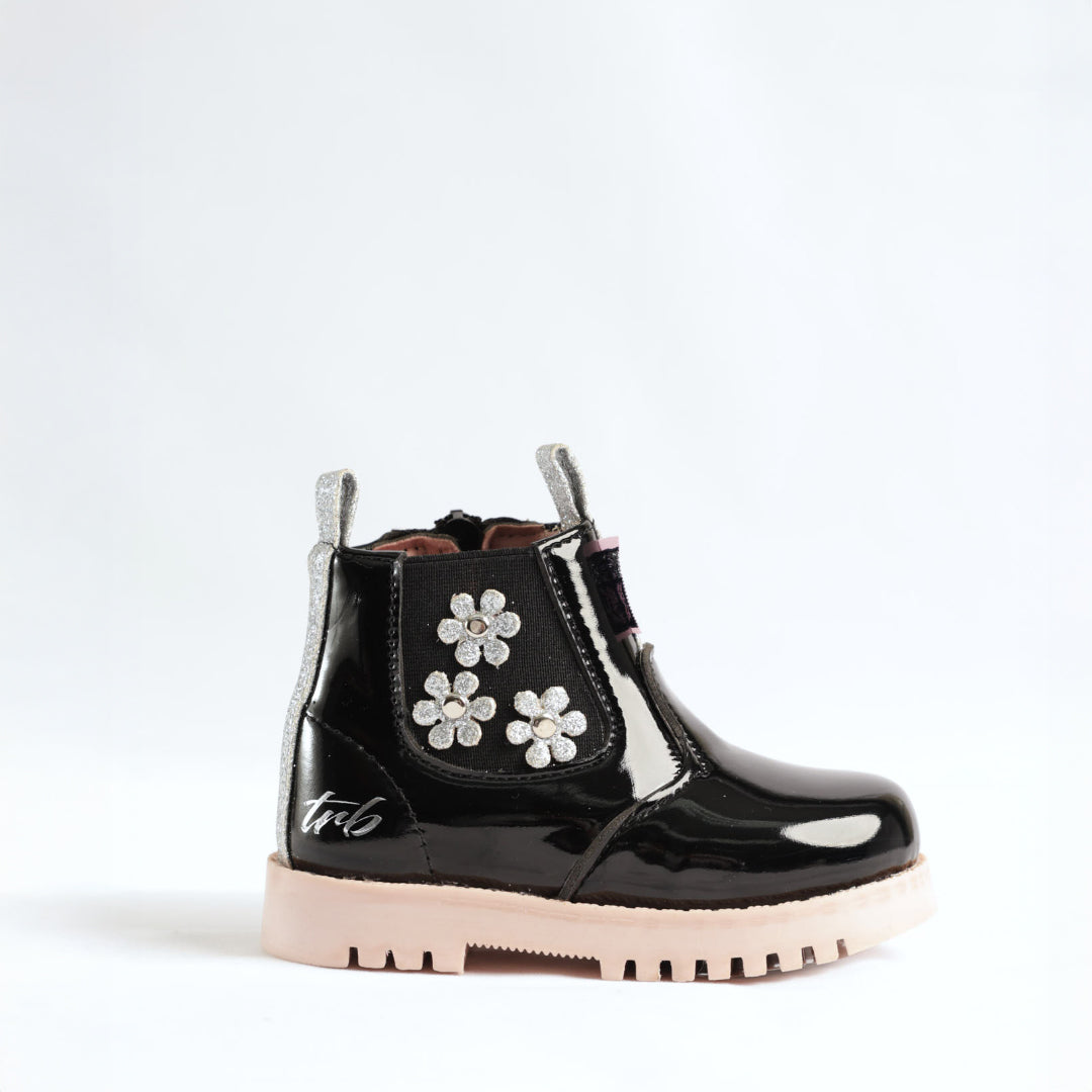 Patent Chelsea Boot.Flower Applique.