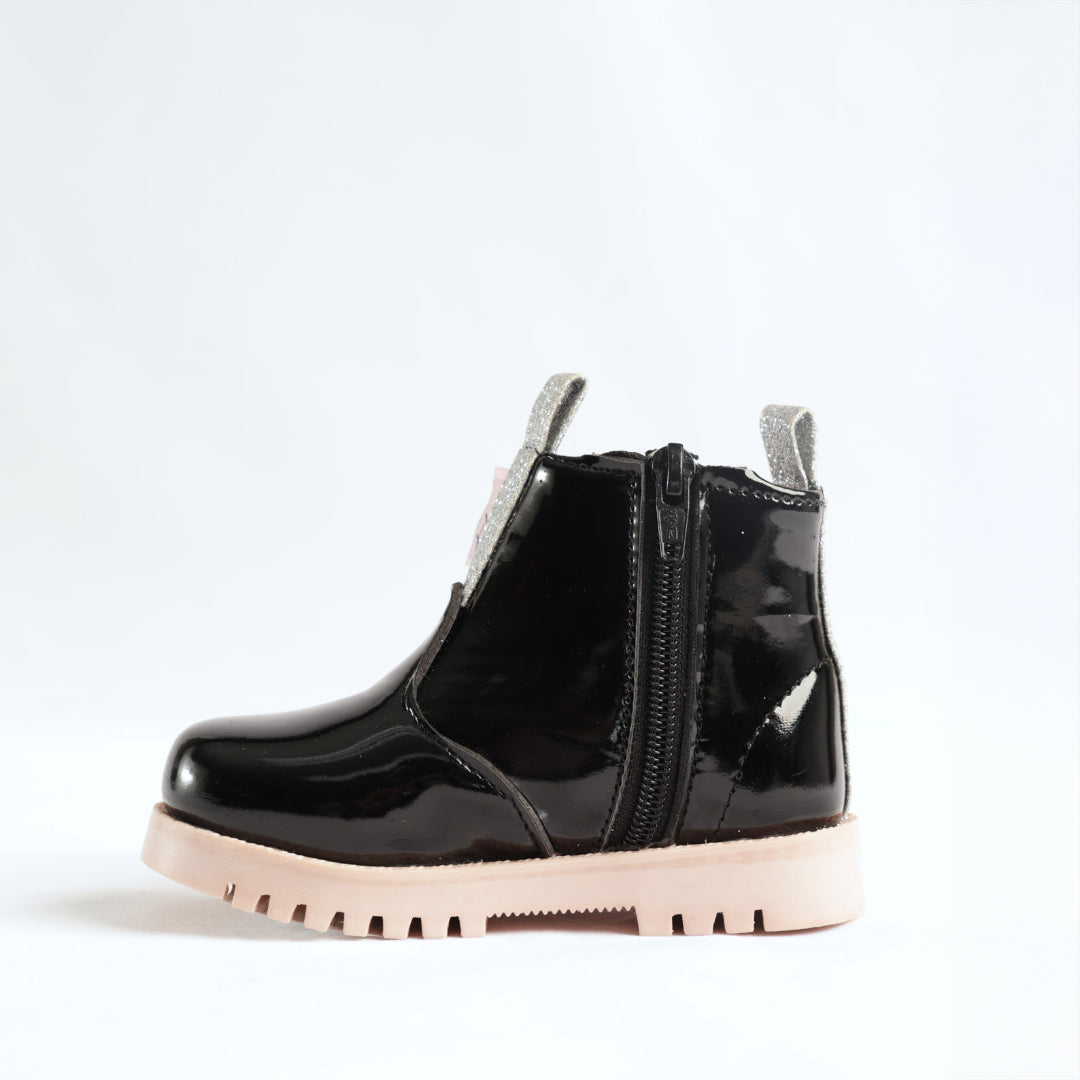 Patent Chelsea Boot.Flower Applique.